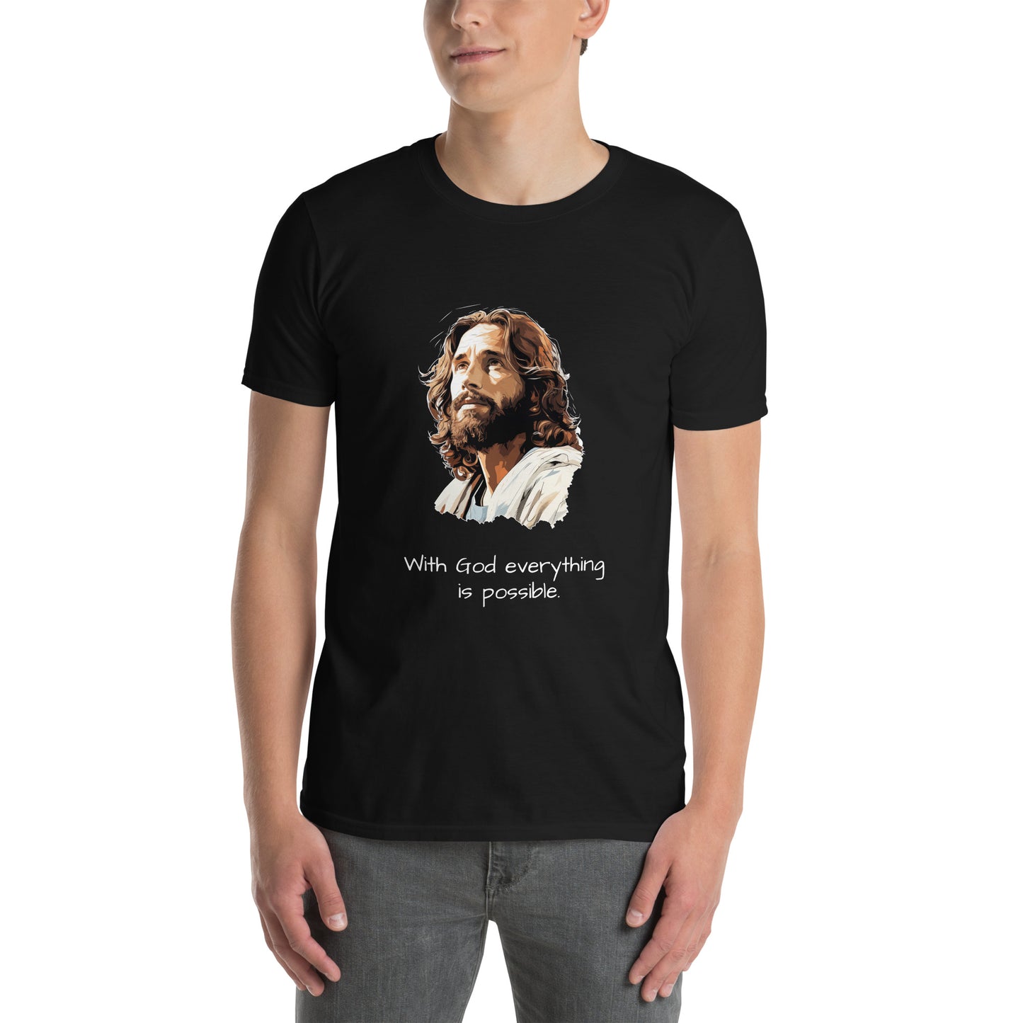 T-shirt unisex z krótkim rękawem „U Boga wszystko jest możliwe”. ID: 268 (PREMIUM)